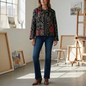 Vintage Chico's Black & Red Floral Beaded Button up Jacket